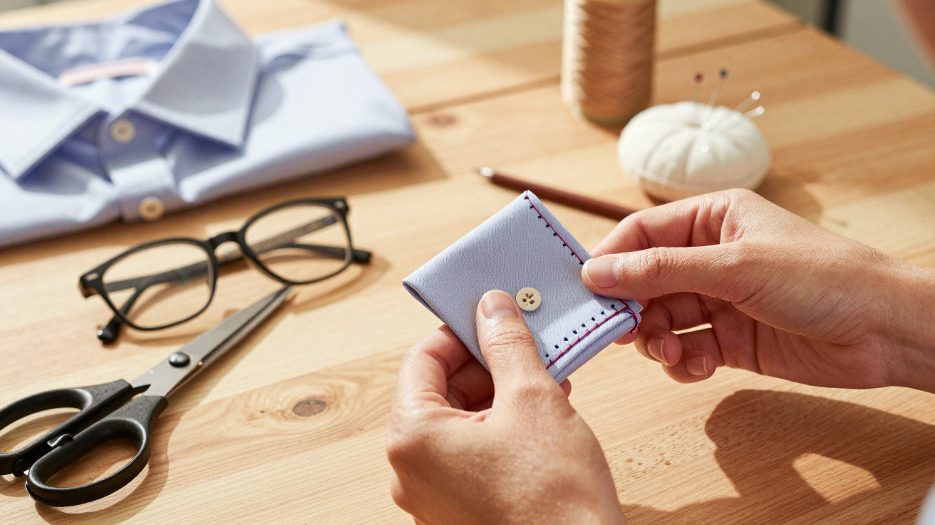 Hands sewing a blue fabric piece with a button on a wooden table with scissors, glasses, and a shirt nearby.