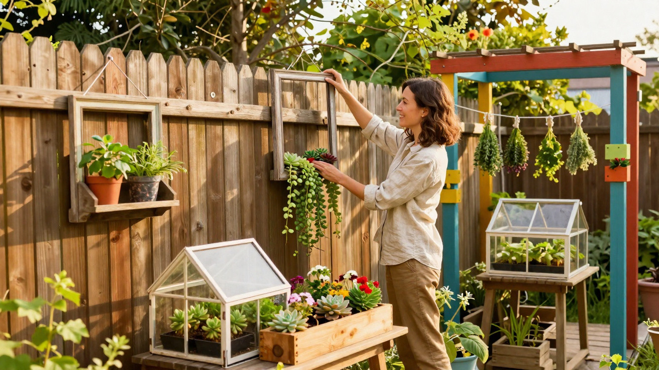 Woman arranging hanging succulent plants on a wooden fence in a sunlit garden with various potted plants.