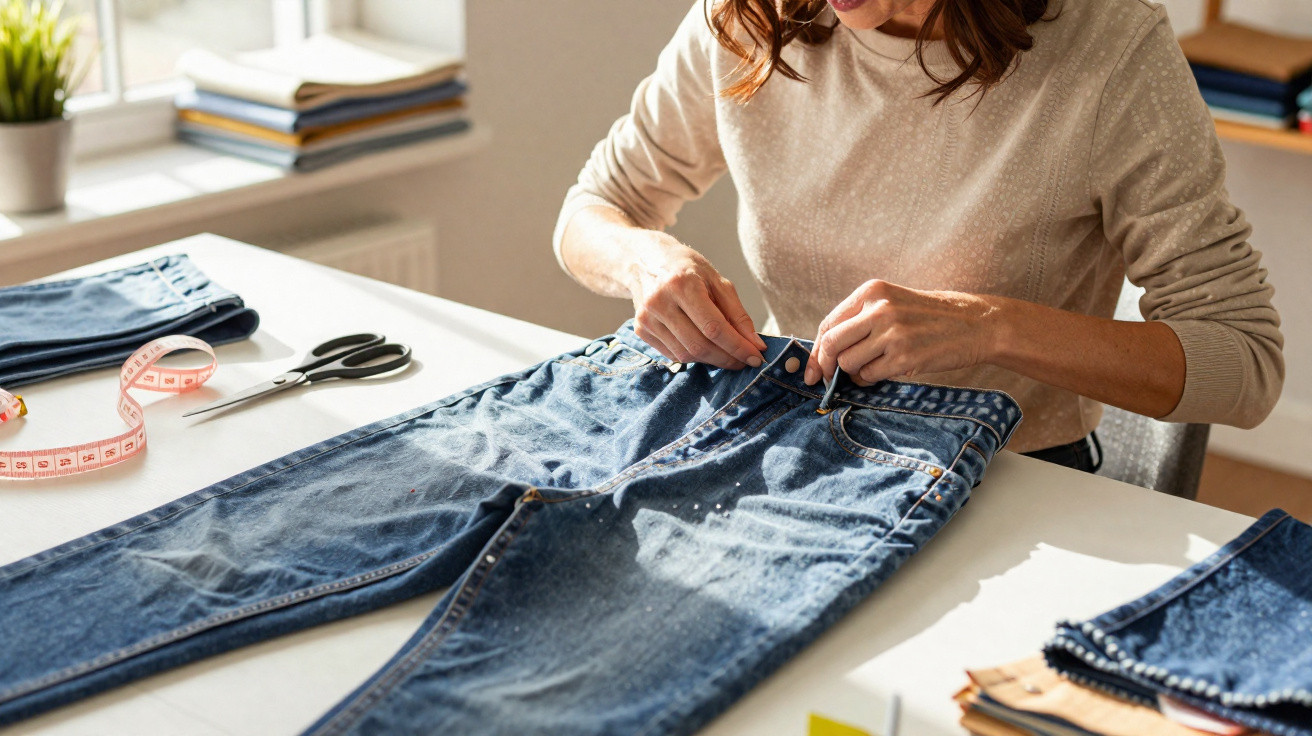 Woman tailoring a pair of blue denim jeans on a white table in a sunlit room.
