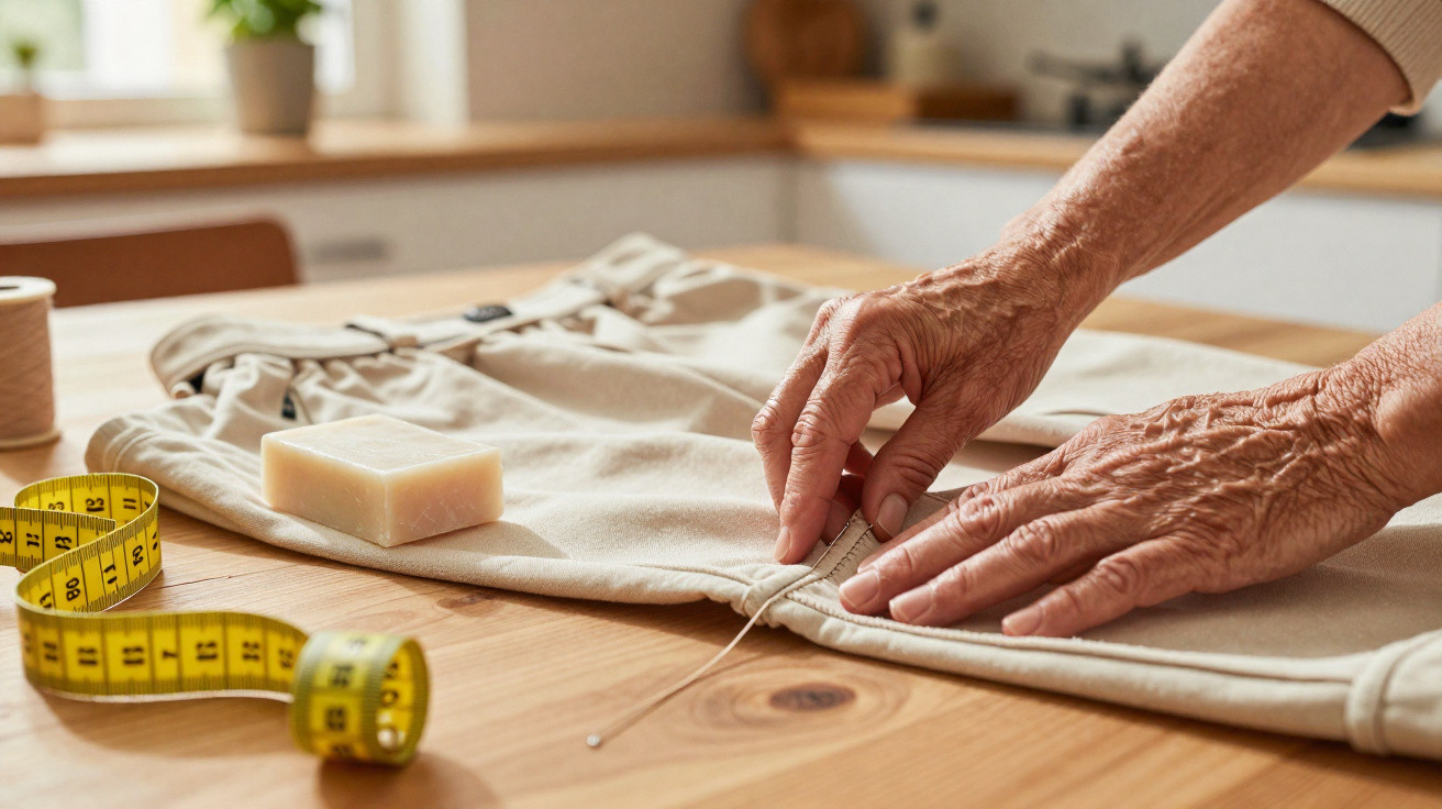 Hands pinning fabric on cream trousers with a measuring tape and tailor's chalk on a wooden table.