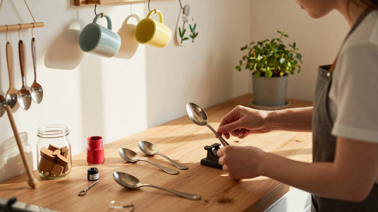 Person holding a spoon in a kitchen with mugs, jars, and spoons laid out on a wooden counter under natural light.