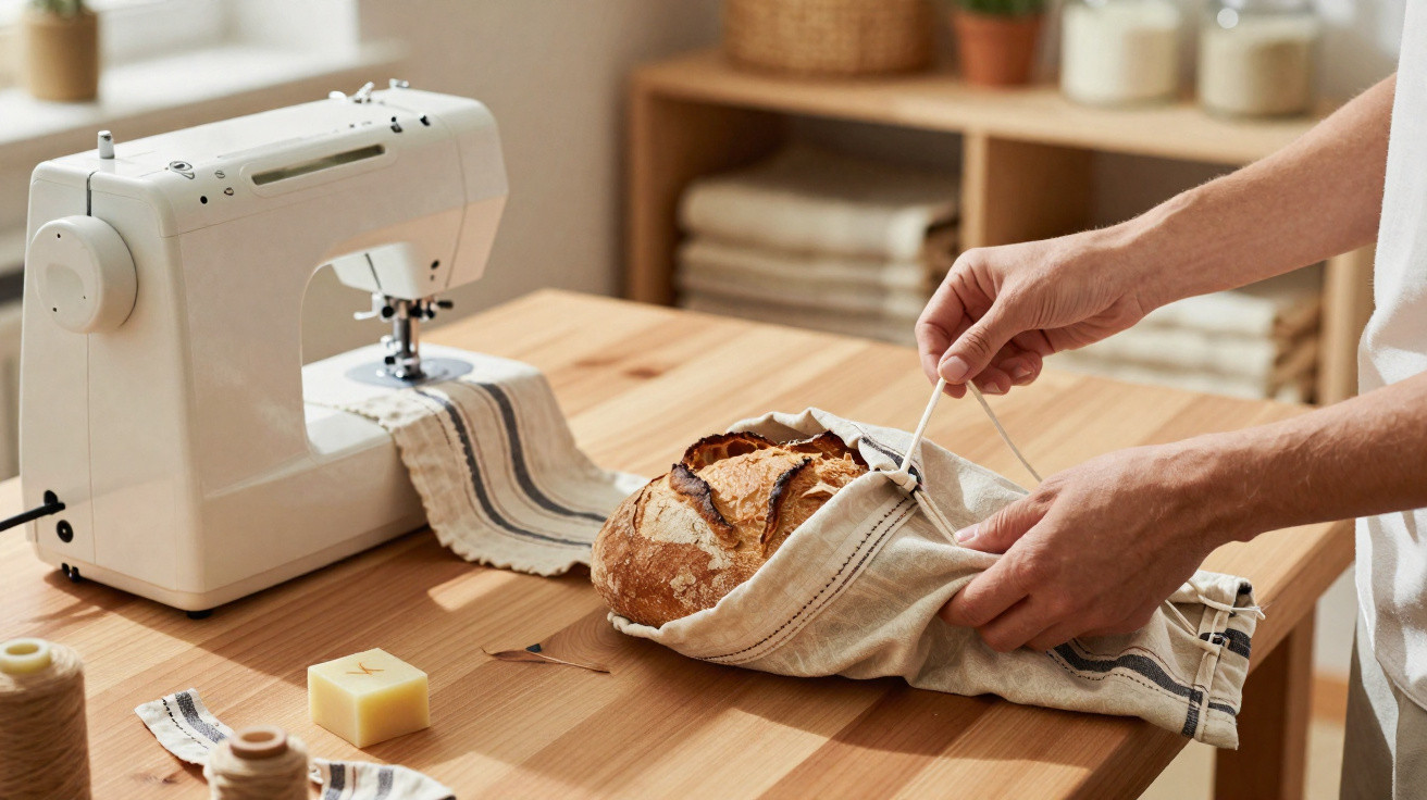 Hands tying a cloth bag around a loaf of rustic bread on a wooden table with a sewing machine nearby.