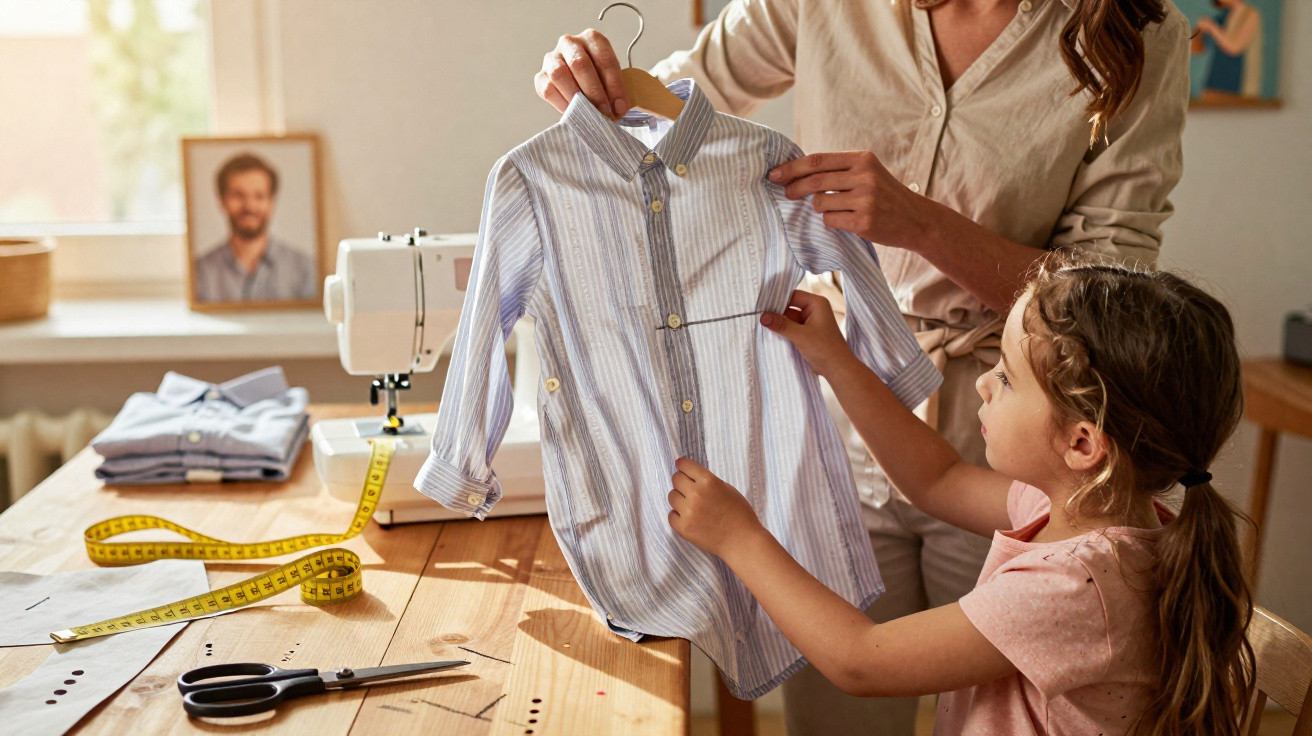 Child and adult holding a striped shirt up for sewing with sewing machine and tools on table