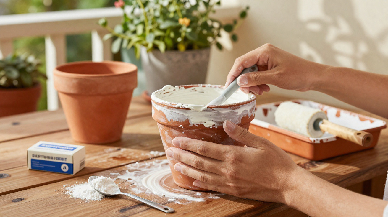 Hands applying white paint inside a terracotta pot on a wooden table with painting tools nearby.