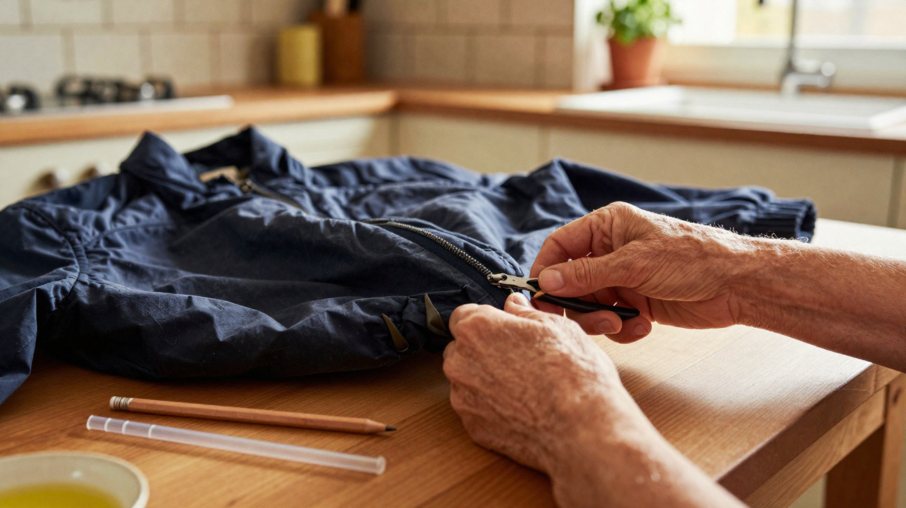 Hands using pliers to fix a zipper on a black jacket on a wooden table in a kitchen.