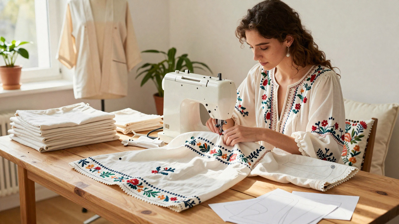 Woman using a sewing machine to stitch floral embroidery on white fabric at a wooden table with patterns and folded clothes.