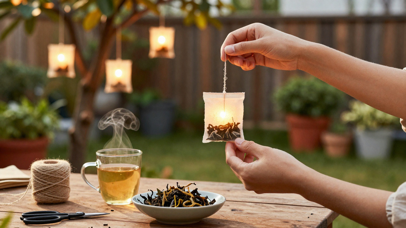 Hands holding a glowing tea bag with loose tea in a bowl, steaming cup, scissors, and plants in the background outdoors.