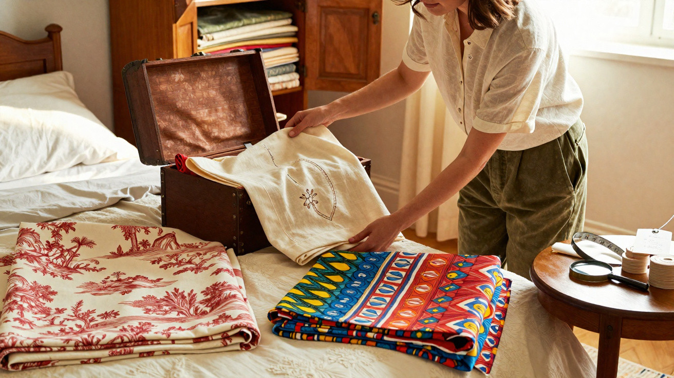 Person packing colourful and patterned fabrics into an open wooden chest on a bed in a sunny room.