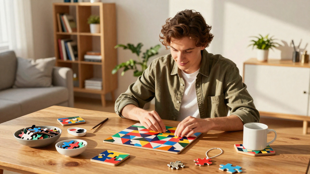 Young man assembling colourful geometric puzzle pieces at wooden table in bright living room.