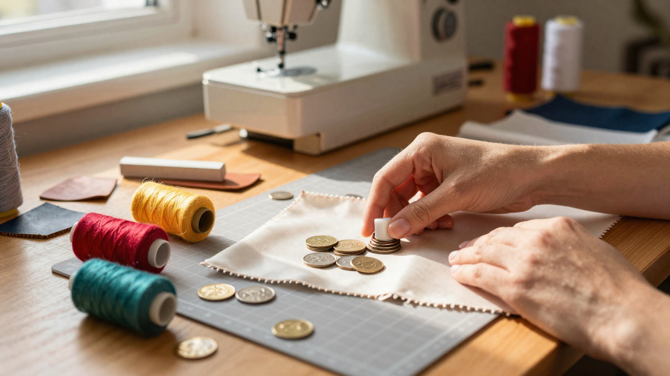 Person stacking coins on fabric with sewing machine and colourful threads on wooden table.