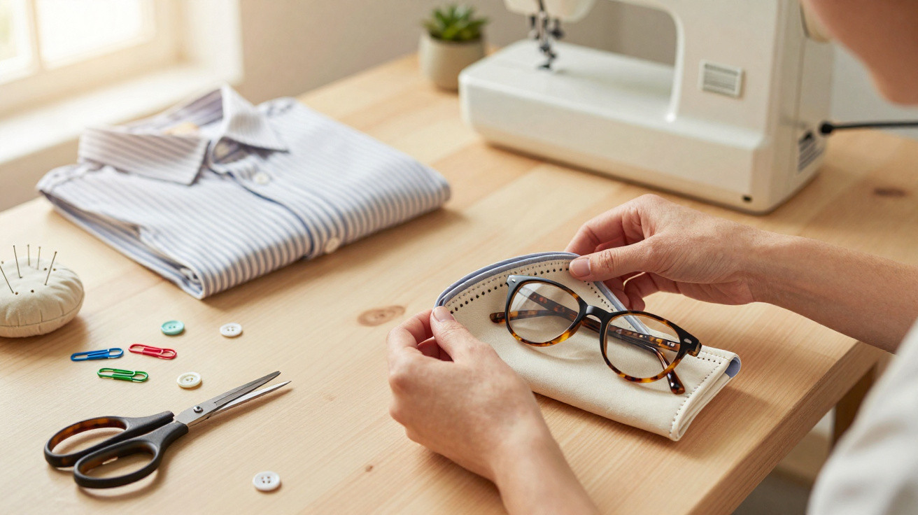 Hands placing tortoiseshell glasses into a soft case on a wooden sewing table with shirt, scissors, and pins.