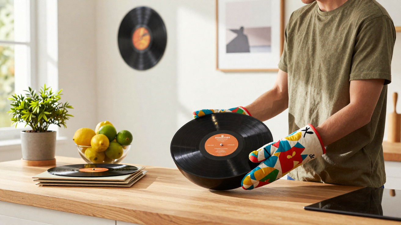 Person wearing colourful oven gloves holding a vinyl record over a kitchen counter with another record and fruit bowl nearby