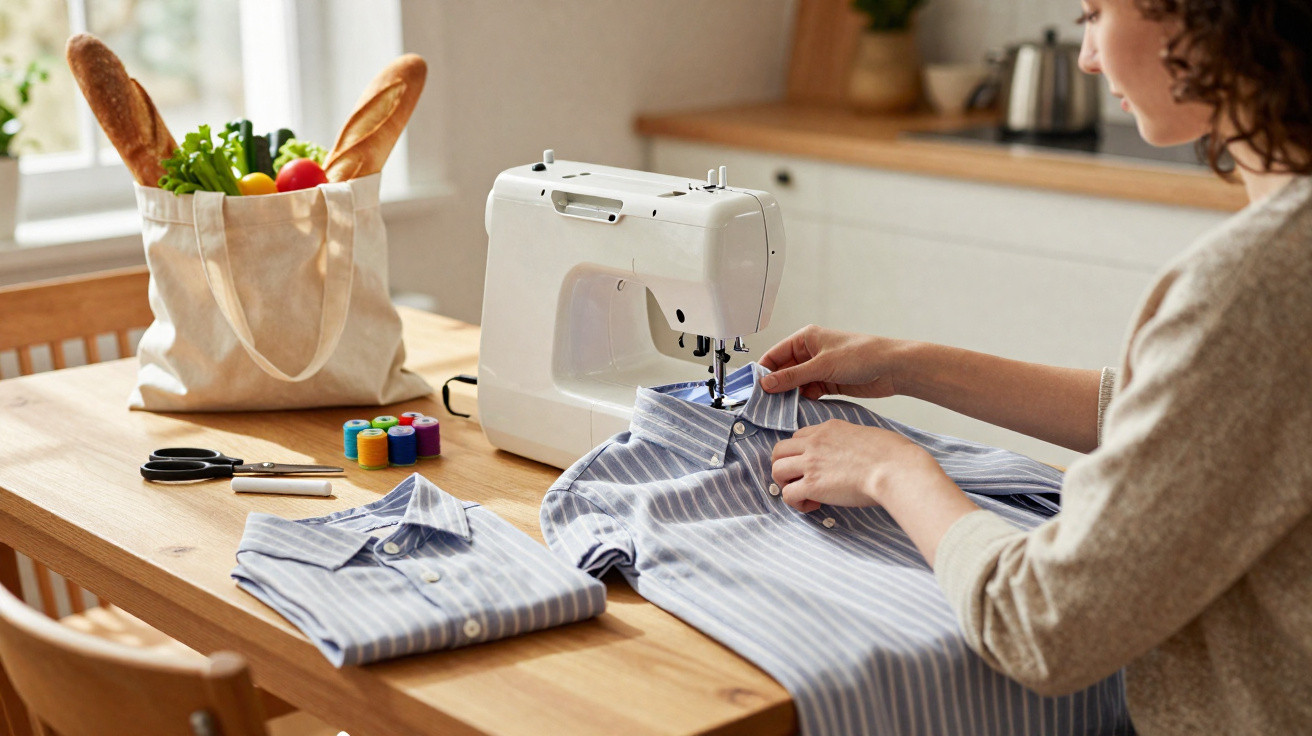 Person sewing a blue striped shirt using a white sewing machine on a wooden table with sewing supplies nearby.