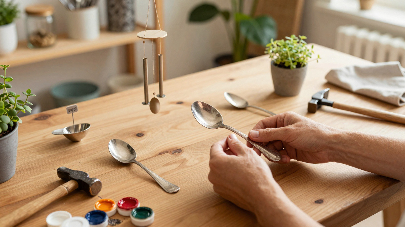 Hands holding a spoon beside craft tools, paint pots, and potted plants on a wooden table.