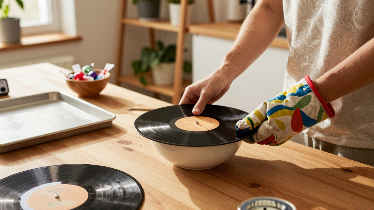 Person wearing colorful oven mitt placing a vinyl record on a bowl on a wooden table.