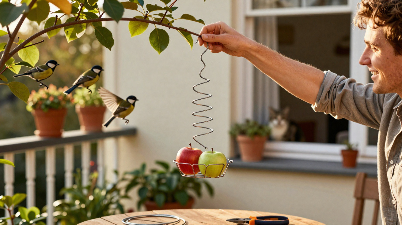 Man holding a spiral fruit feeder with apples as two birds fly nearby on a sunny patio.