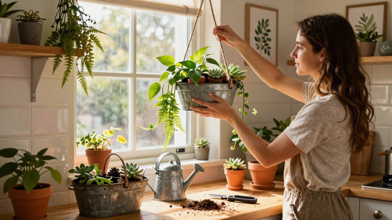 Woman hanging a metal planter with green indoor plants by a bright kitchen window with various potted plants.