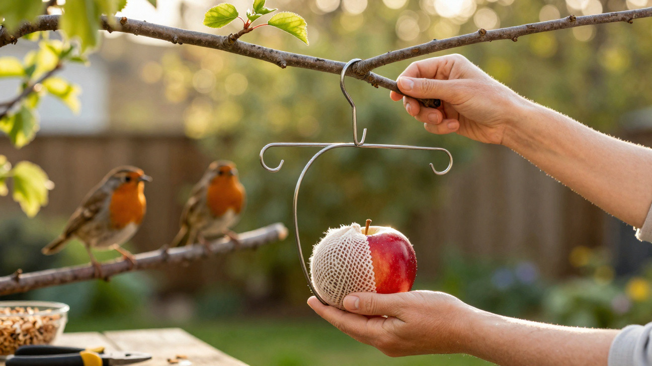 Hands hanging a red apple with a mesh cover on a tree branch, two robins perched nearby.