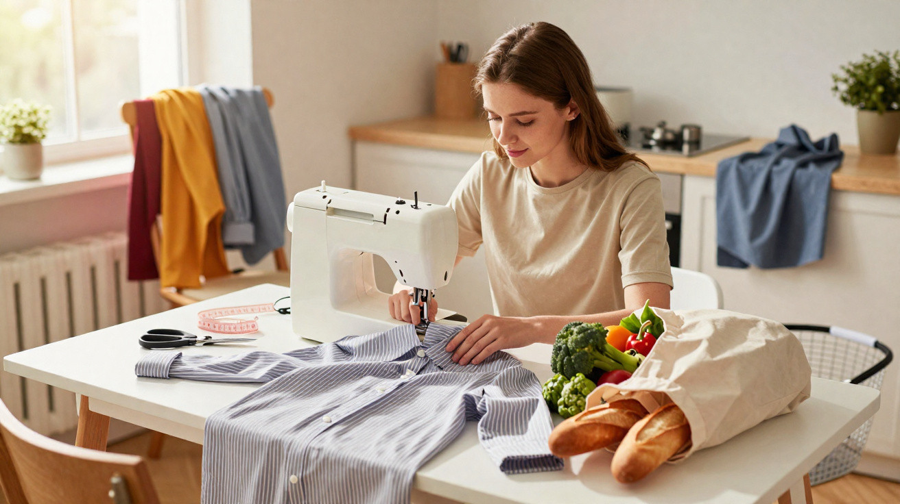 Young woman sewing a striped shirt using a sewing machine at a white kitchen table with groceries nearby.