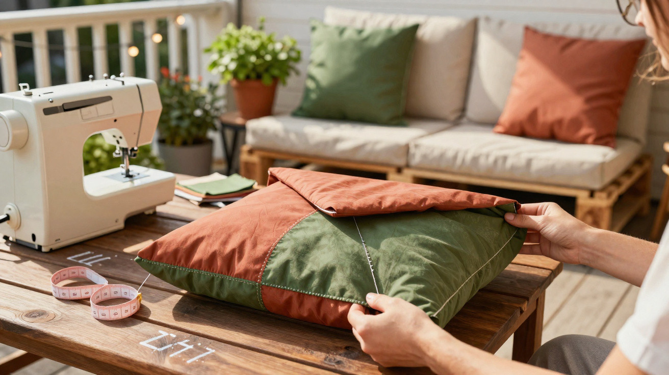 Person sewing a green and orange patchwork cushion cover on a wooden table with a sewing machine nearby