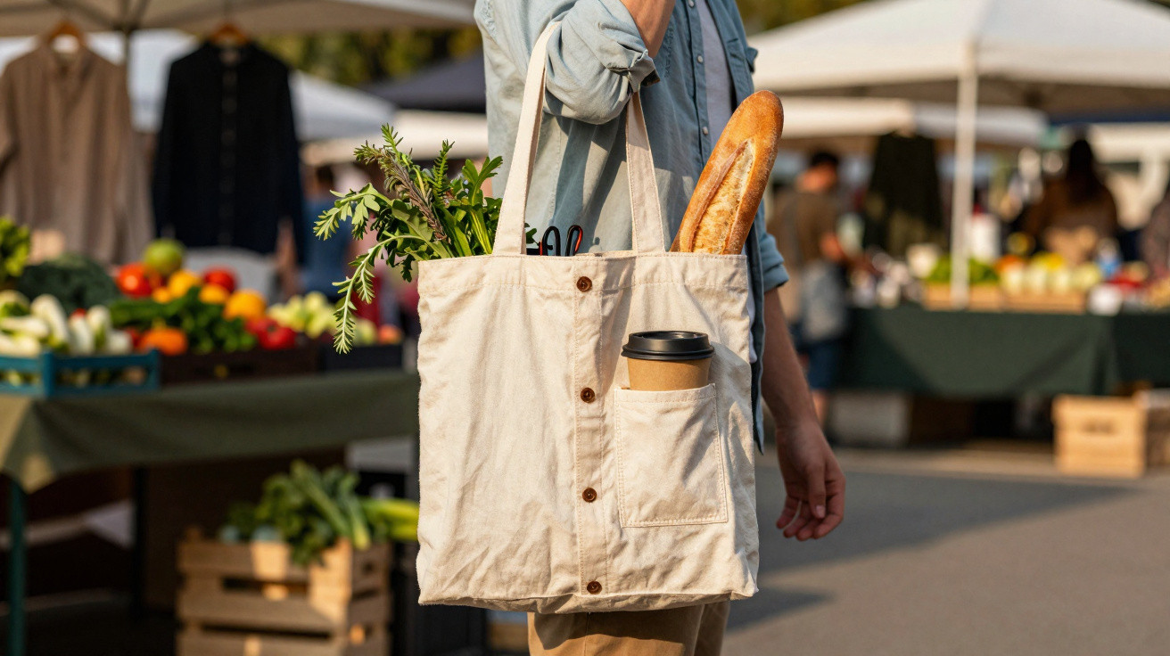 Person holding a reusable cloth bag with fresh vegetables, a baguette, and a takeaway coffee cup at an outdoor market.