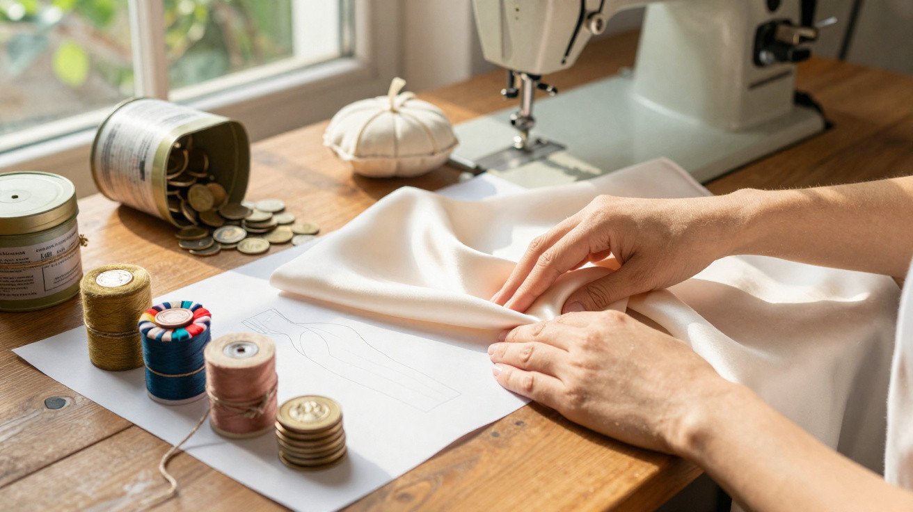 Hands arranging white fabric on a table with sewing patterns, thread spools, coins, and a sewing machine nearby.