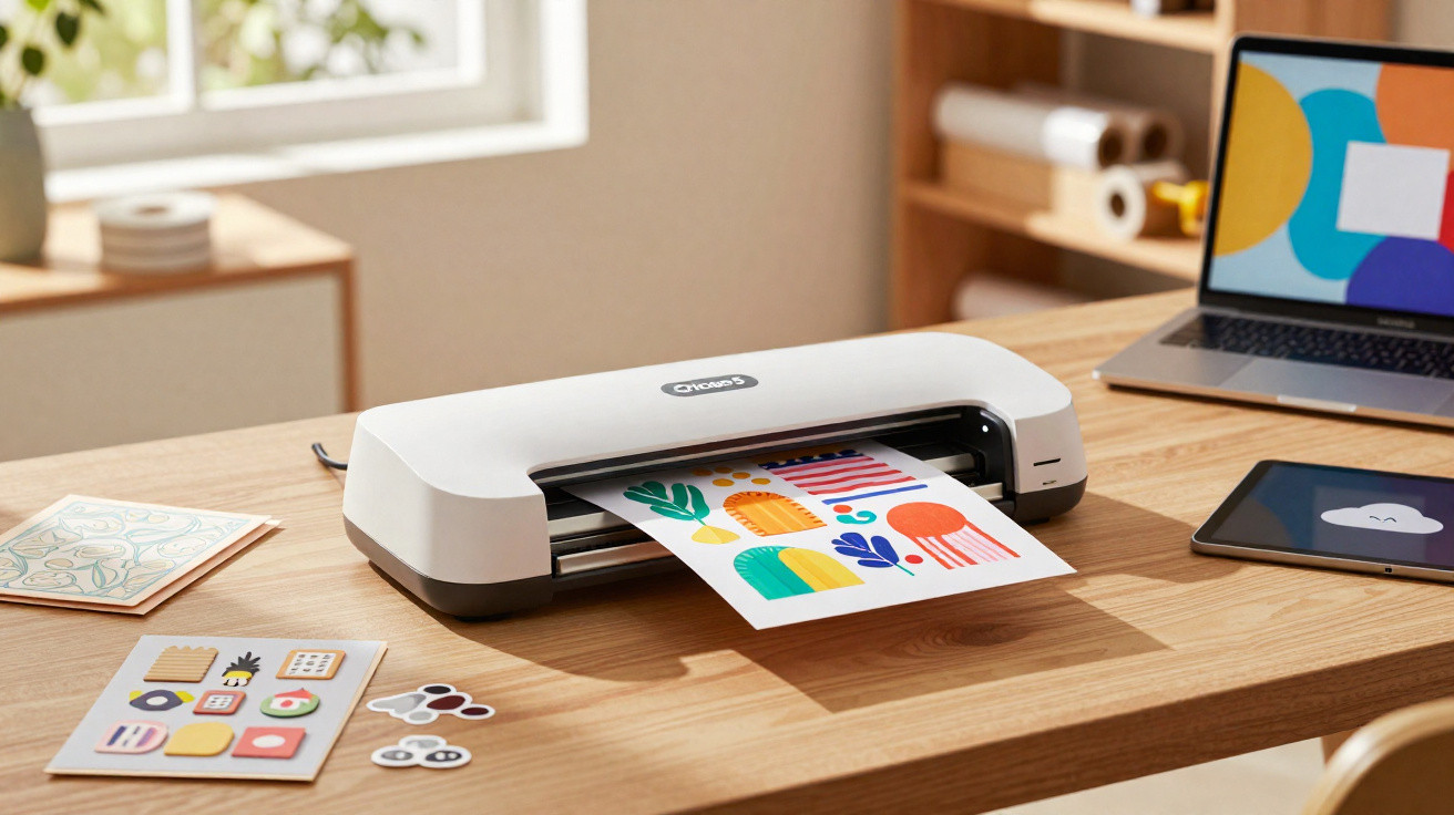 Cricut cutting machine on wooden desk printing colourful abstract stickers next to laptop and tablet.