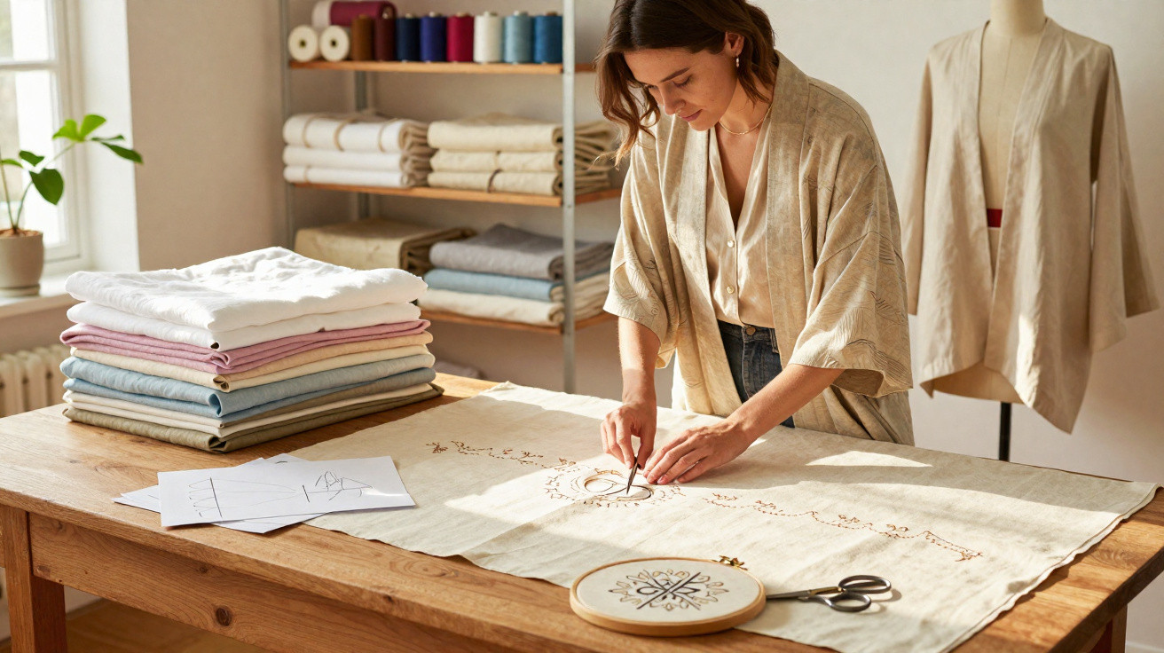 Woman in beige kimono sewing embroidery on fabric at wooden table in bright sewing room