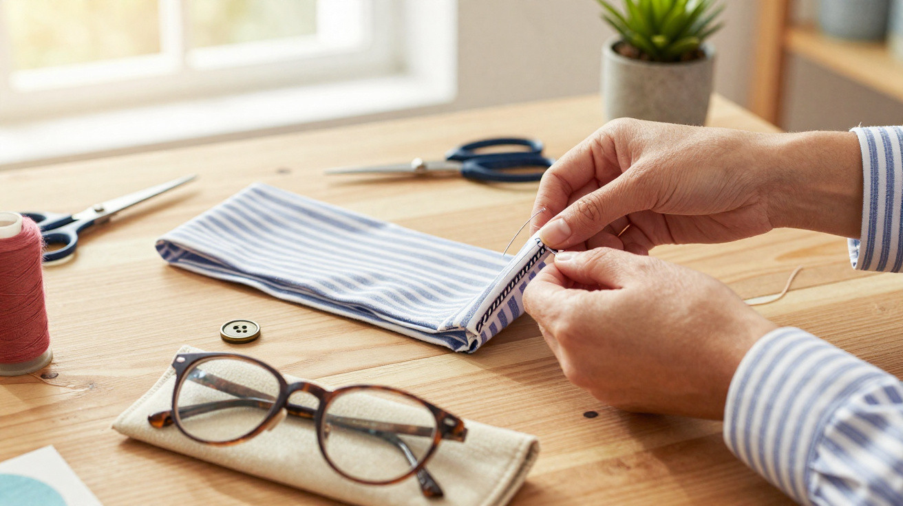 Hands sewing a striped fabric piece on a wooden table with scissors, thread, button, glasses, and a small plant nearby.