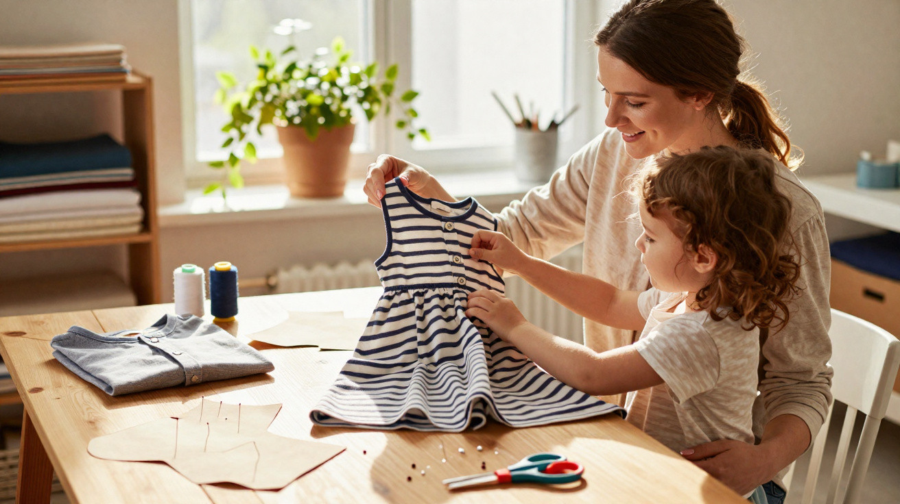 Woman and child sewing a striped dress together at a wooden table by a window.