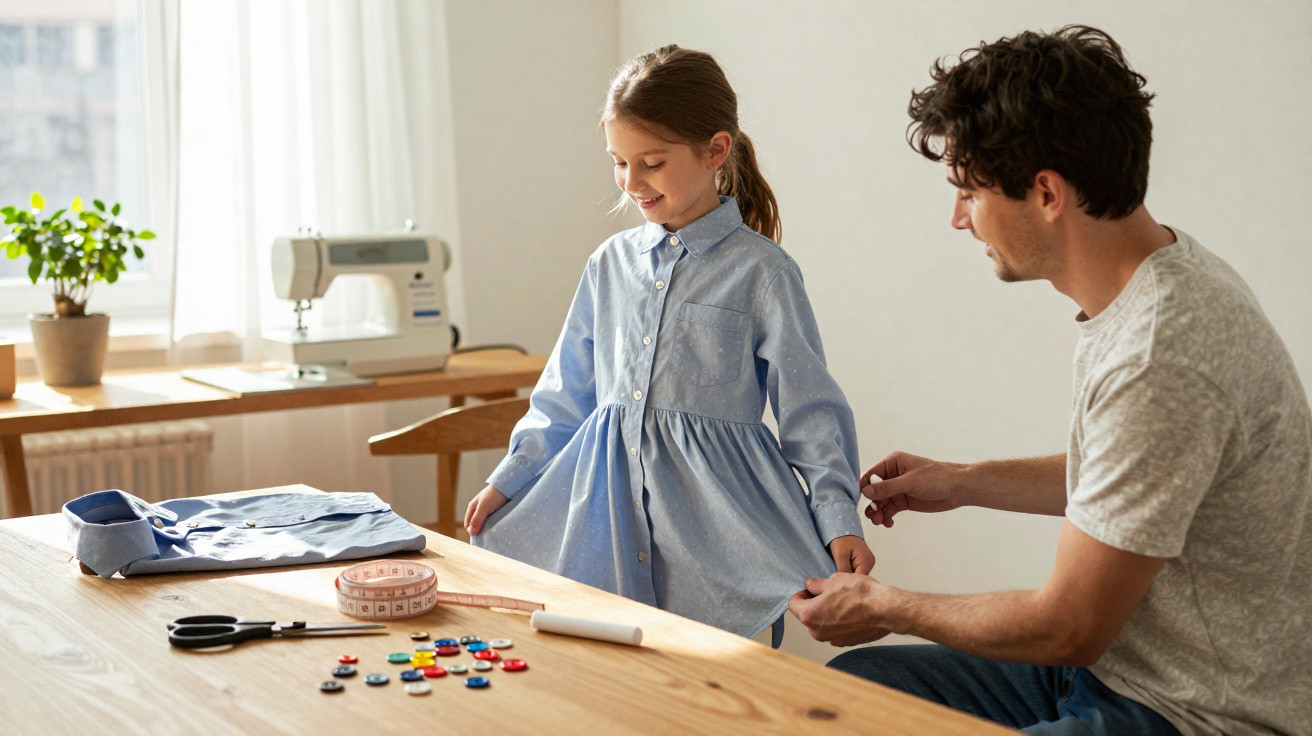 A man adjusts a girl's blue dress while sewing tools lie on a wooden table in a sunlit room.