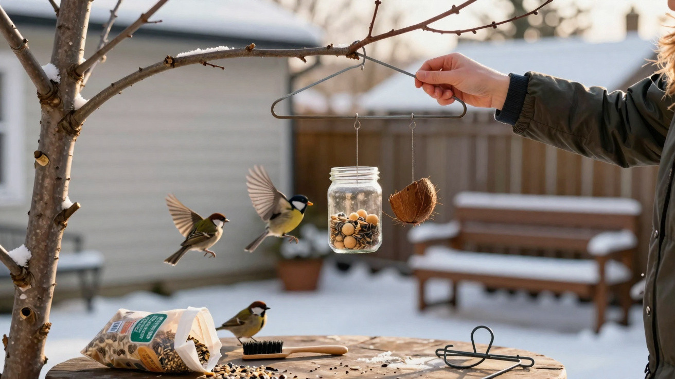 Hand holding a hanger with a jar and coconut feeder attracting birds in a snowy garden.
