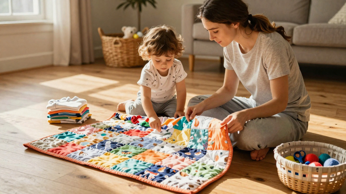 A woman and toddler sitting on the floor playing with a colourful patchwork quilt in a sunlit room.