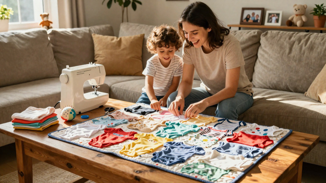 Mother and child sorting colourful baby clothes on a wooden table with a sewing machine nearby.