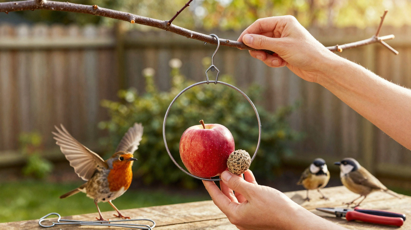 Hands hanging an apple and bird seed feeder on a tree branch with birds nearby in a garden.