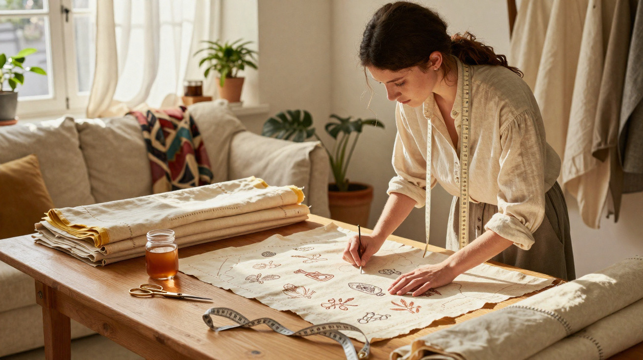 Woman sketching designs on fabric at a wooden table in a sunlit room with sewing tools nearby.
