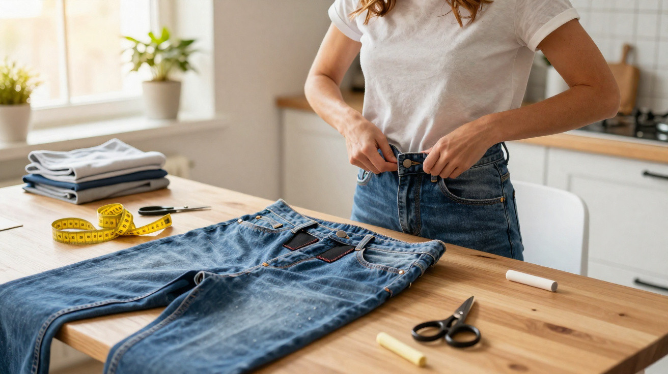 Person tailoring blue jeans with pins and measuring tape on a wooden table in a bright room.