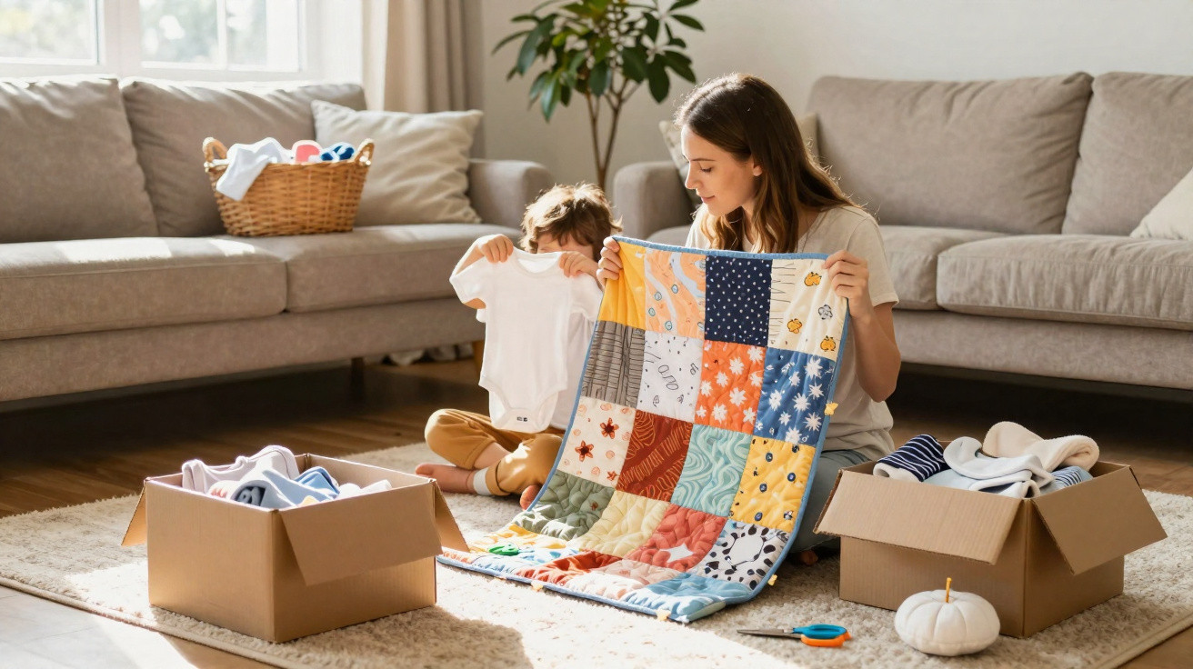 Mother and child sitting on the floor, folding baby clothes and a colourful patchwork quilt in a bright living room.