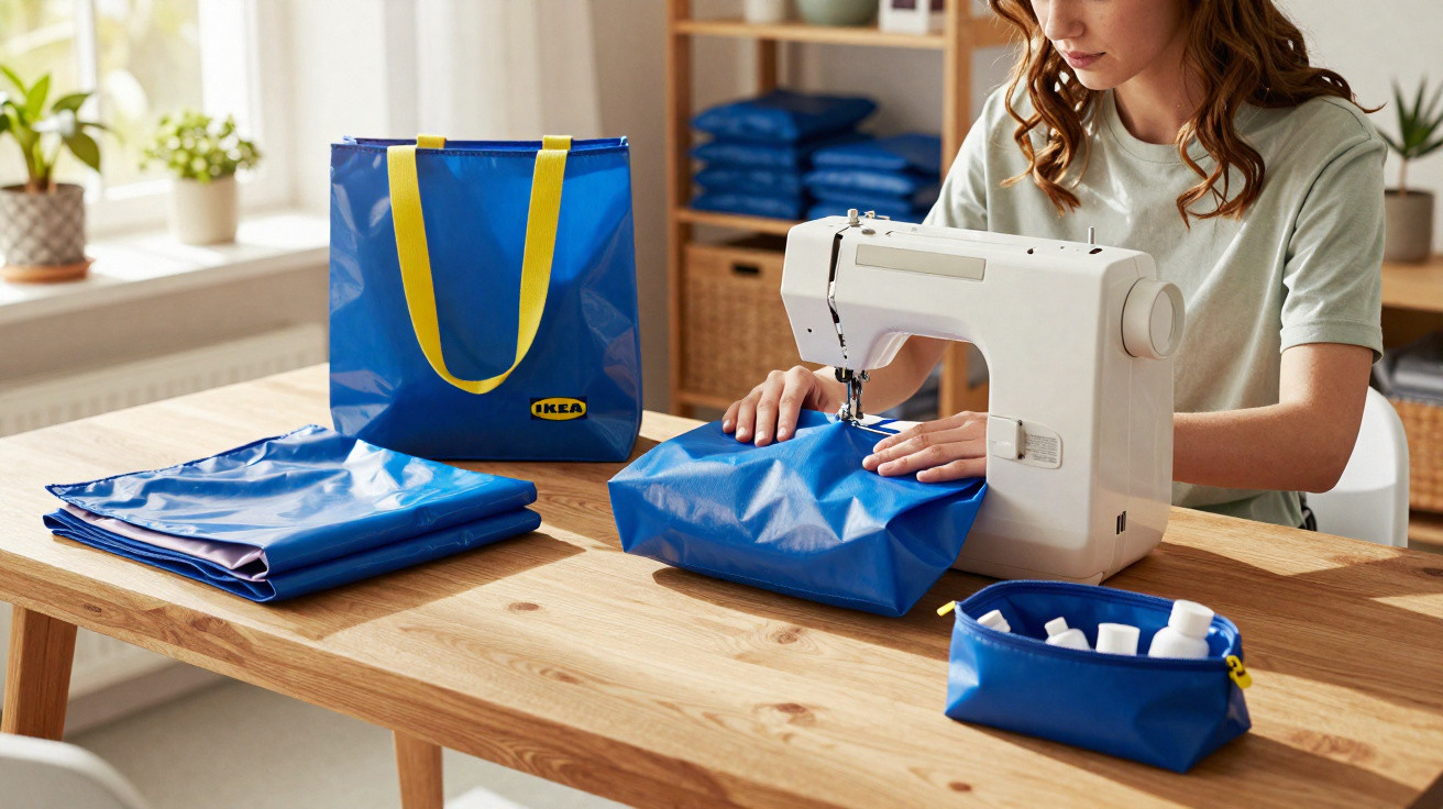 Person sewing IKEA blue bag on a sewing machine at a wooden table with folded materials nearby.