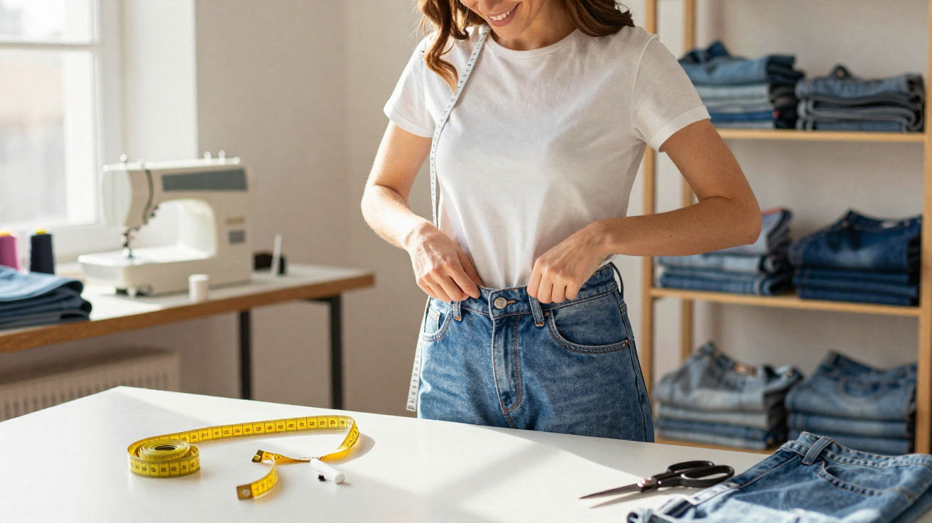 Woman wearing a white t-shirt fitting a pair of blue jeans in a bright sewing room with measuring tape and scissors.