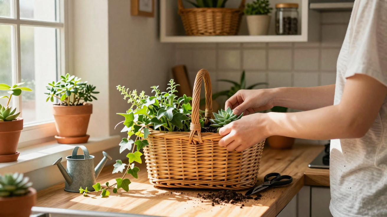 Person arranging green plants in a wicker basket on a kitchen counter with garden tools nearby.