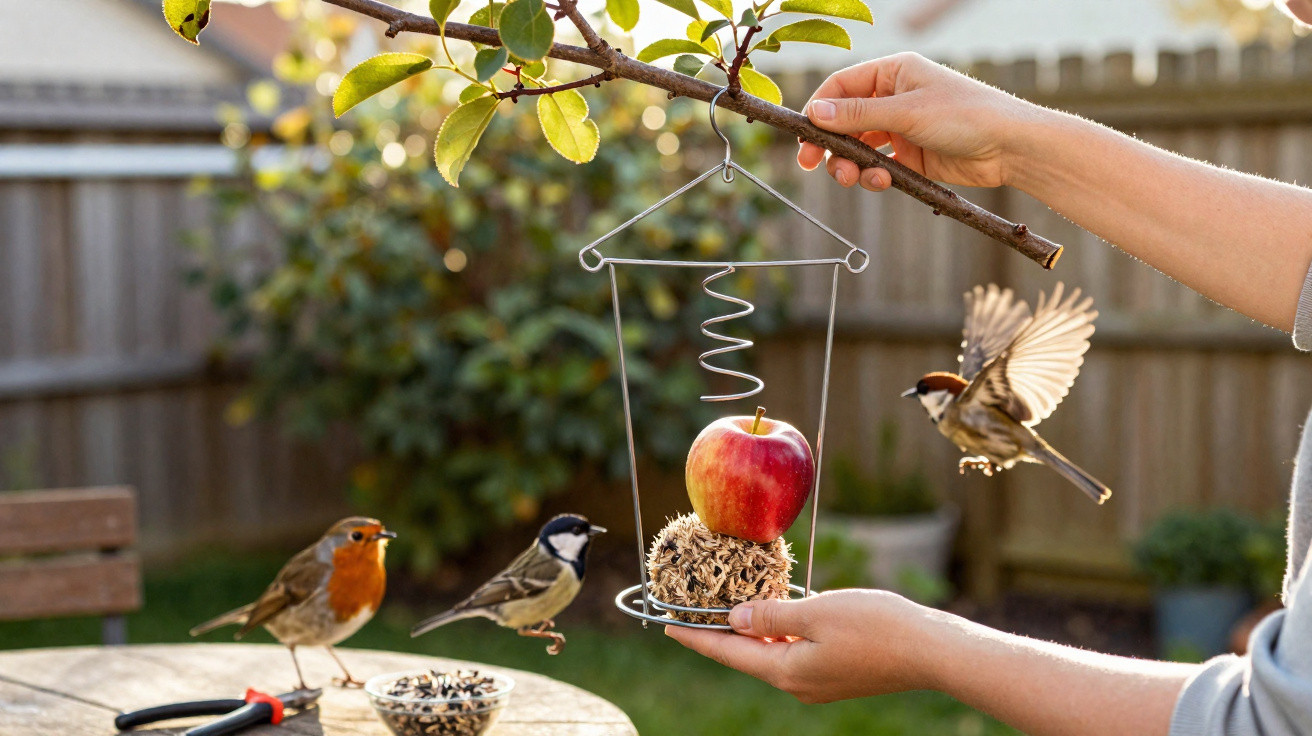 Hands holding a bird feeder with an apple and suet ball, three small birds nearby in a sunny garden.