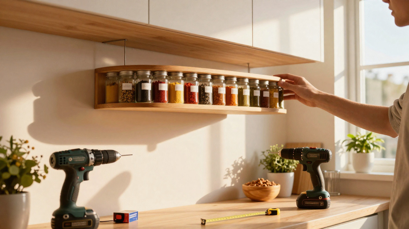 Person reaching for a spice jar on a wooden hanging rack in a sunlit kitchen with tools on the counter.