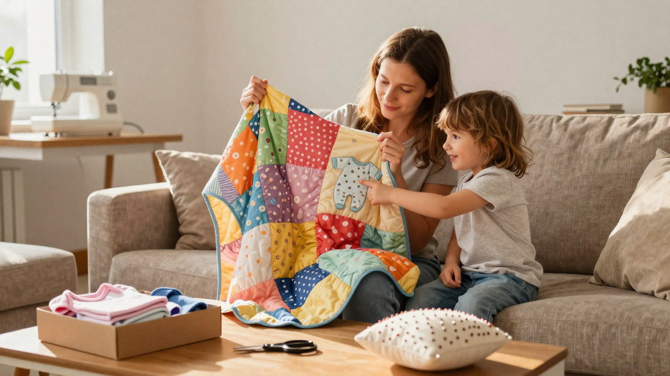 Mother and child sitting on sofa looking at a colourful patchwork quilt with sewing supplies nearby.