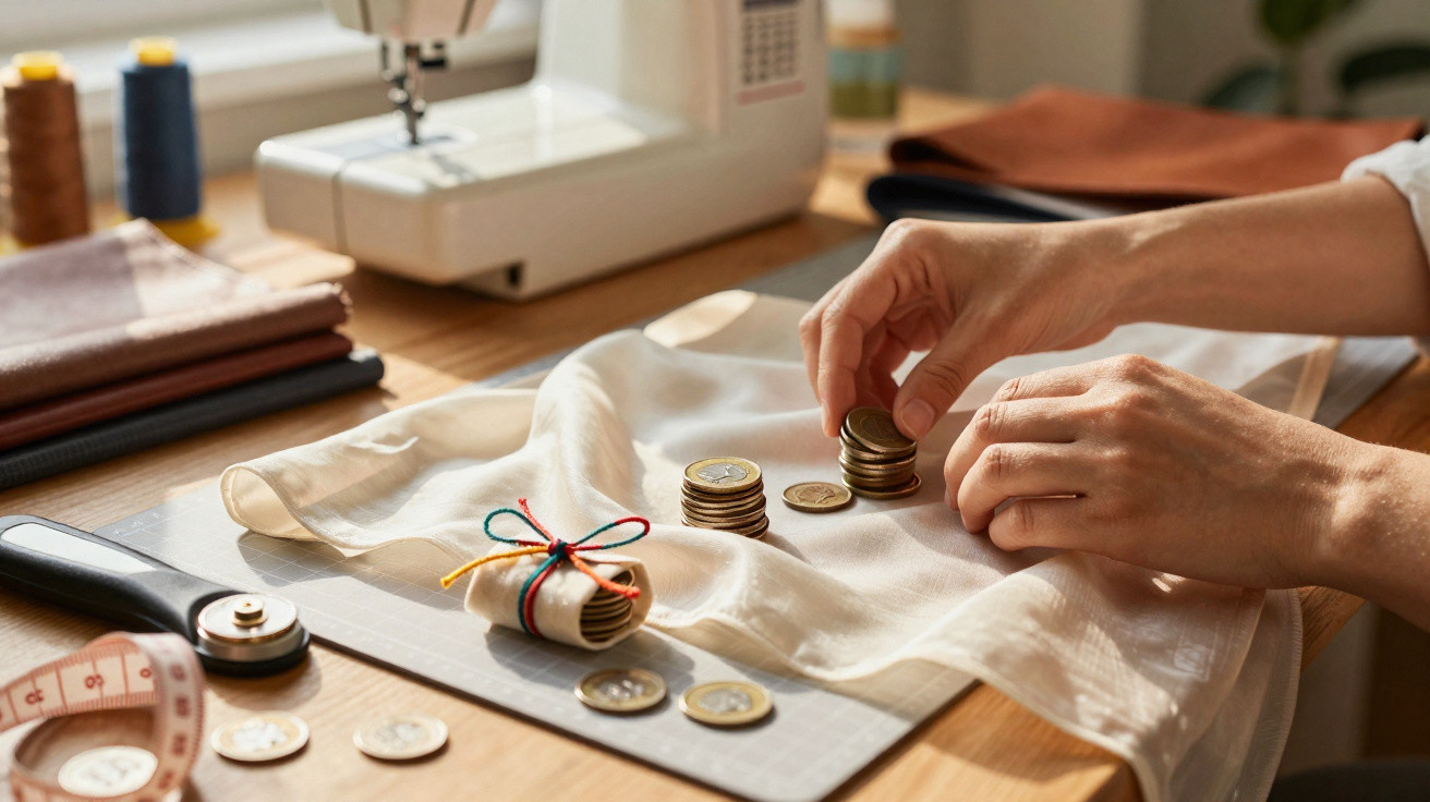 Hands stacking coins on a piece of cloth with sewing machine and tools on wooden table.