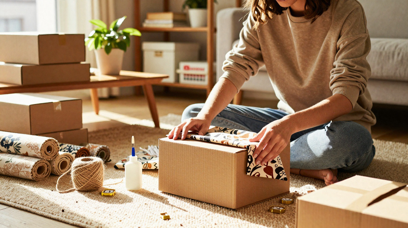 Person sitting on floor wrapping a cardboard box with patterned paper in a sunny living room.