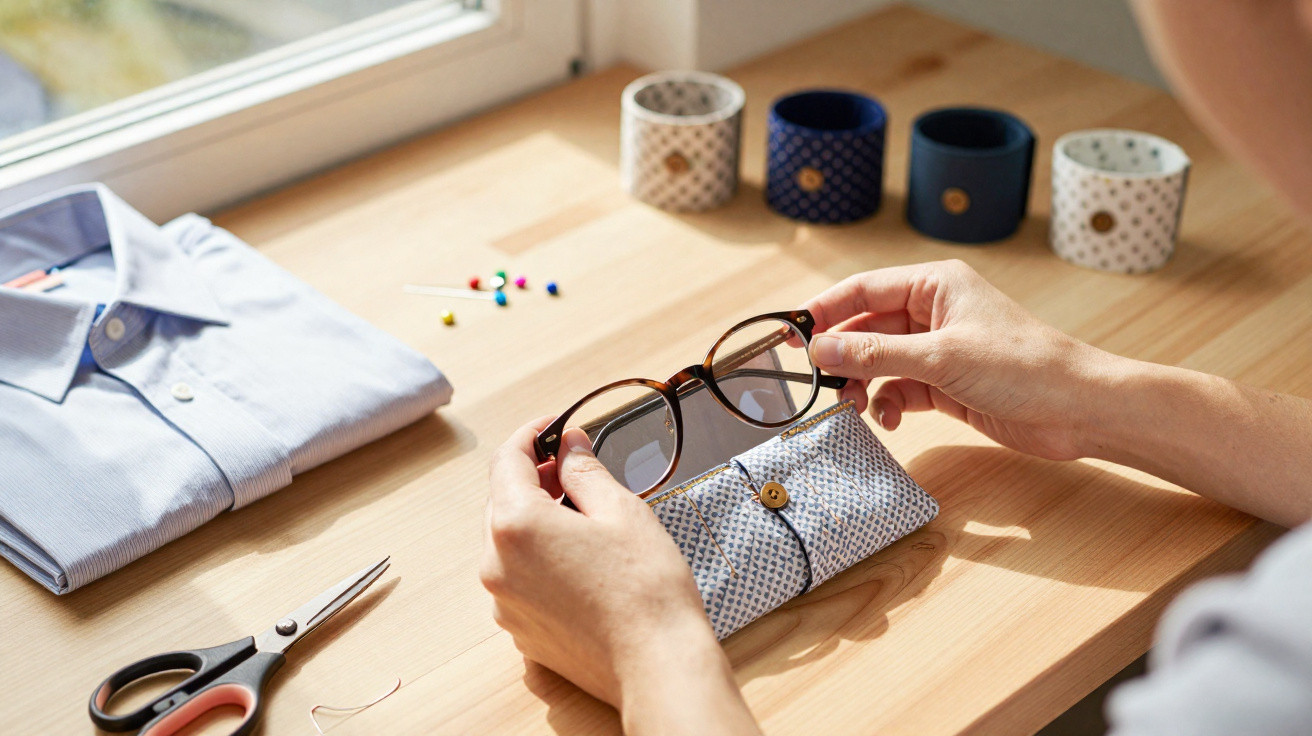 Person placing tortoiseshell glasses into a patterned fabric case on a wooden desk with sewing items and a folded shirt.