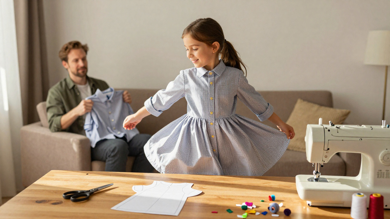 Young girl twirling in a dress she made while a man holds a shirt in the background on a sofa.