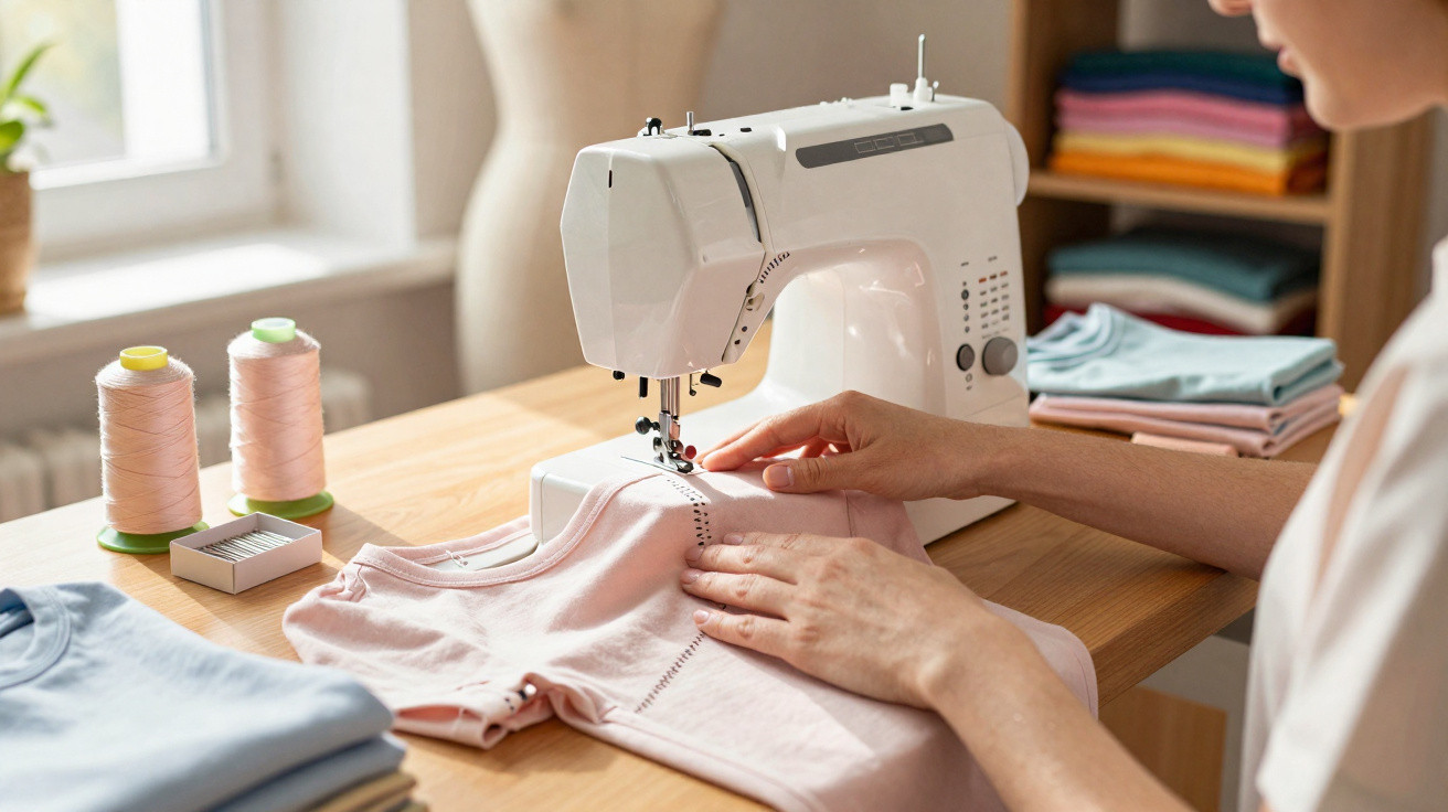 Person sewing a pink garment using a white sewing machine on a wooden table with folded clothes and thread spools nearby.