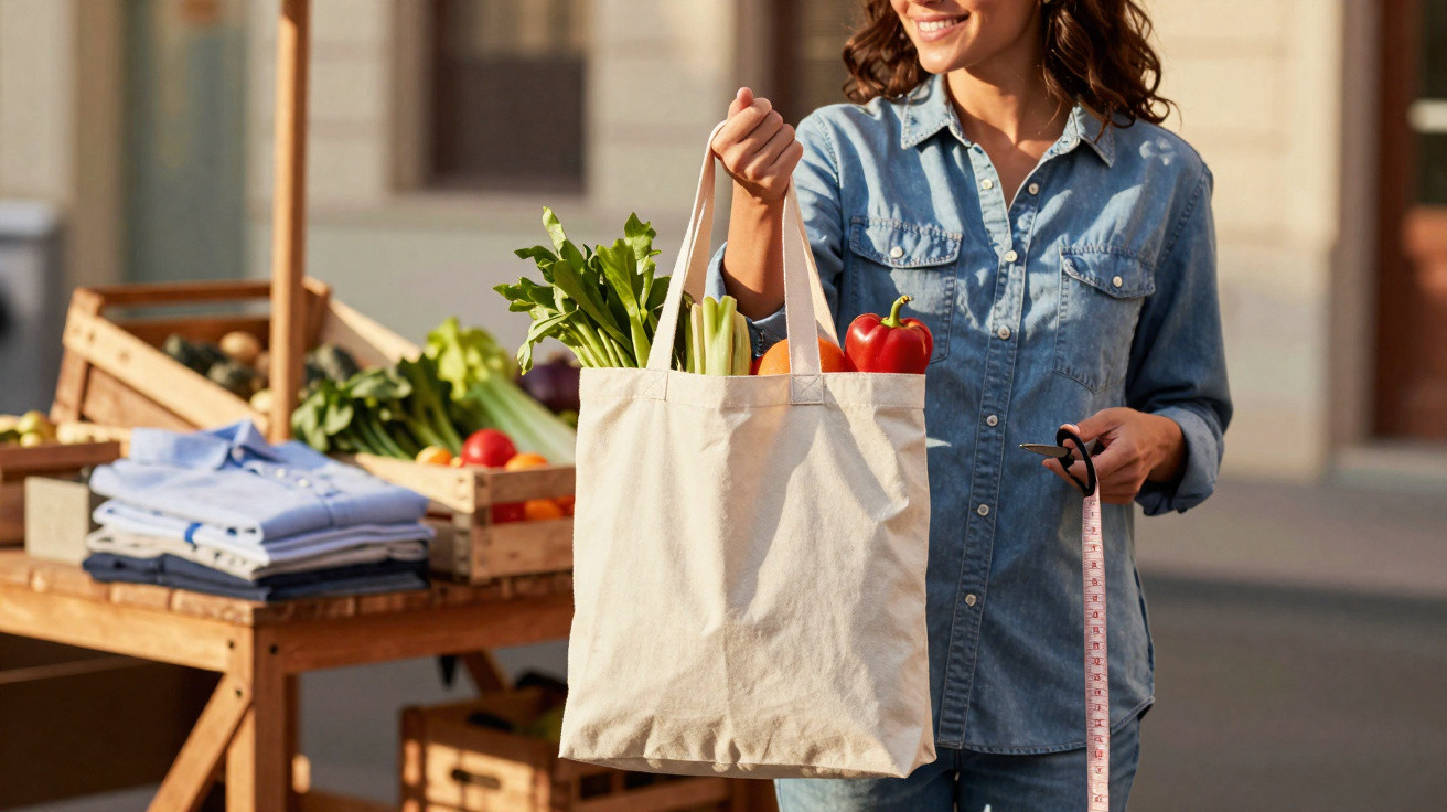 Woman holding a reusable bag filled with fresh vegetables at an outdoor market stall on a sunny day.